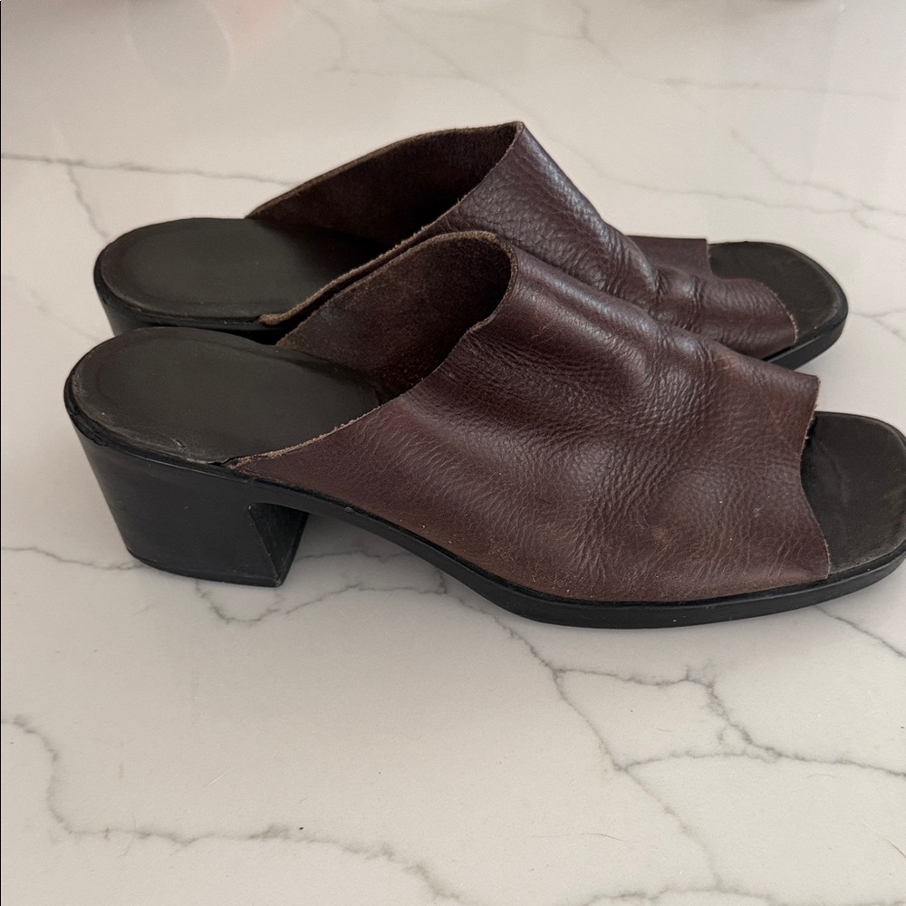 Dark Brown Leather Open-Toe Slip-On Sandals